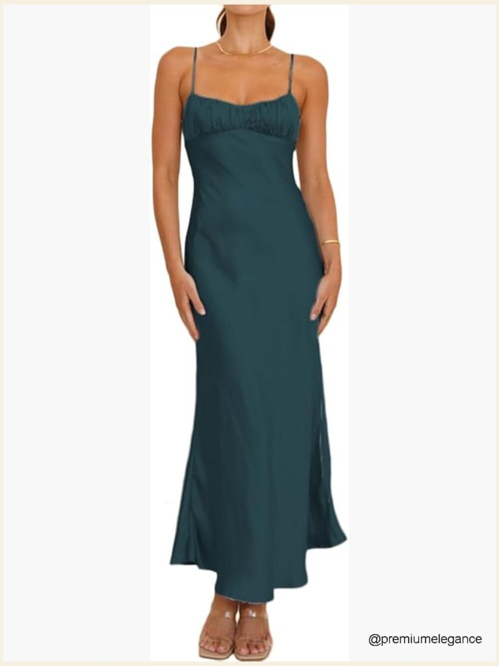Satin Spaghetti Strap Backless Ruched Midi Dress Wedding Guest Cocktail